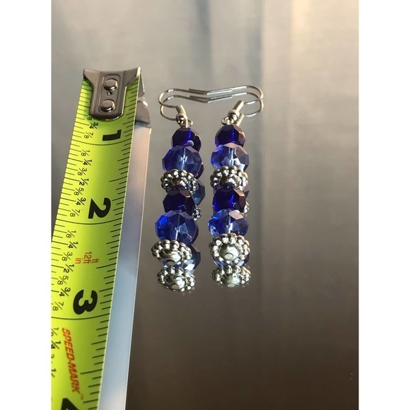 Deep Blue Acrylic Beaded Dangle Earrings w/ Silver 10mm Fish Hooks with Coil - Picture 2 of 2